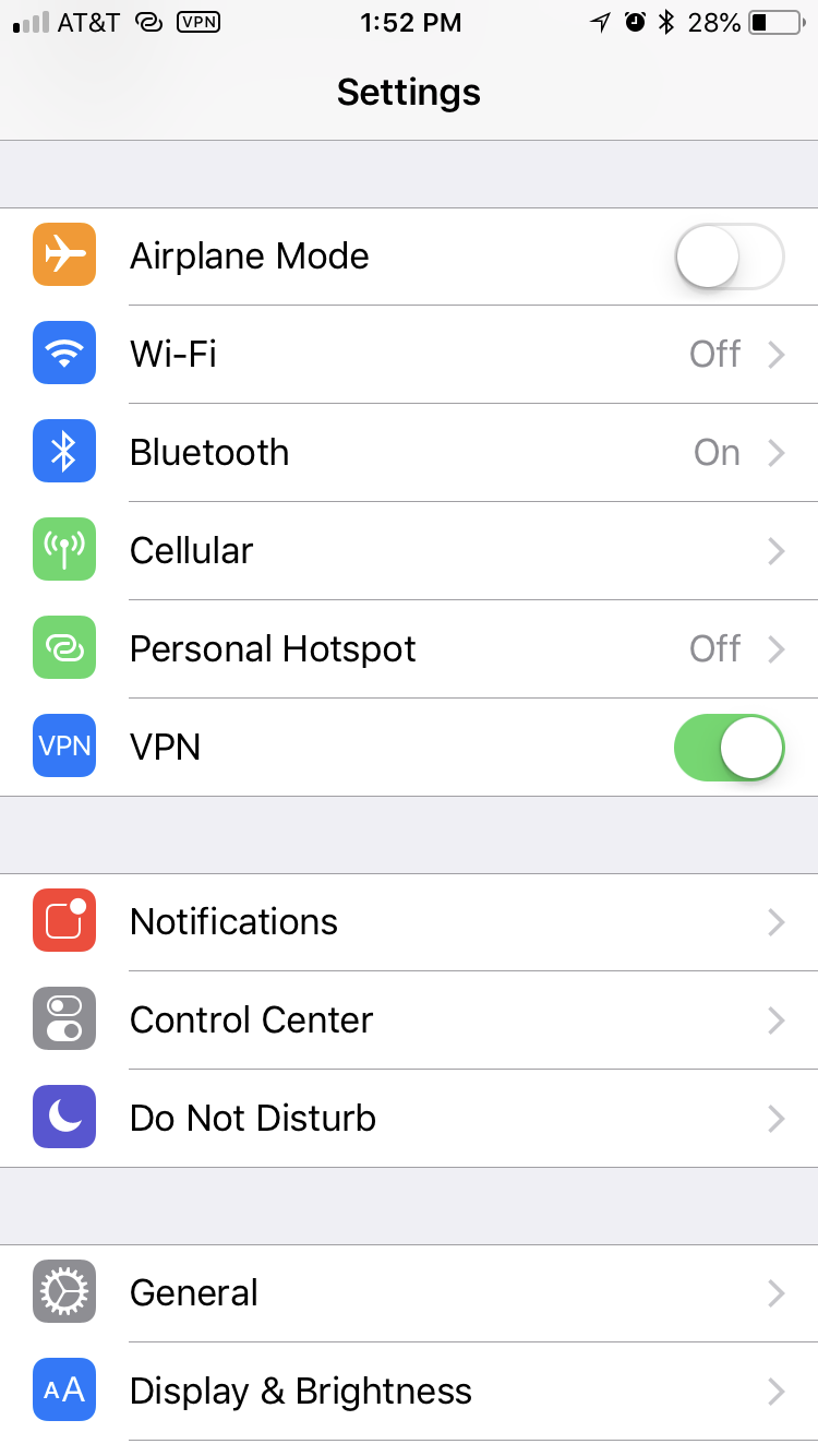 iOS Settings with Bluetooth on