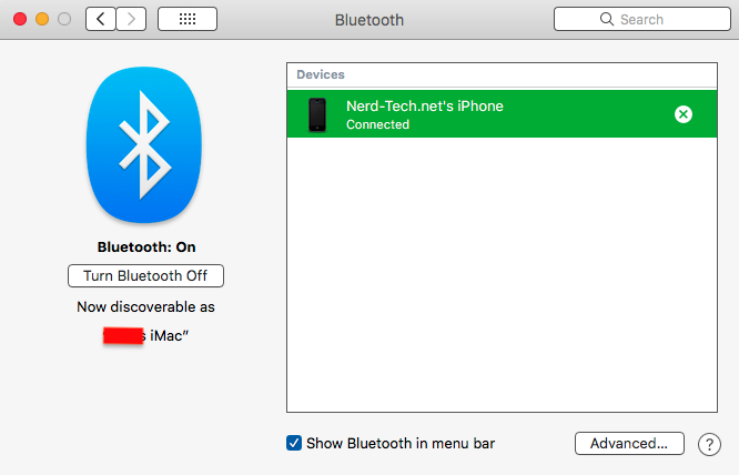 www.nerd-tech.net How to automatically unlock your Mac with your iPhone using touch ID or proximity detection Mac OS Bluetooth Settings iPhone connected.png